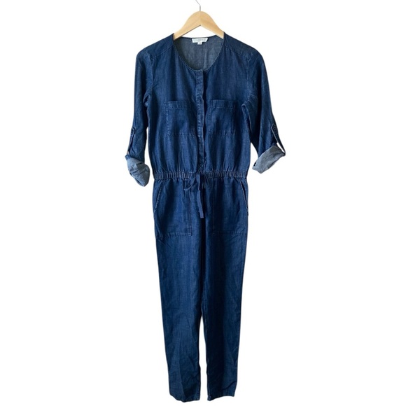 Ann Taylor Loft Women’s Roll-Tab Sleeves Dark Wash Chambray Jumpsuit Size XXS - Picture 1 of 9